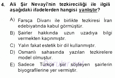 Eski Türk Edebiyatının Kaynaklarından Şair Tezkireleri 2014 - 2015 Ara Sınavı 4.Soru