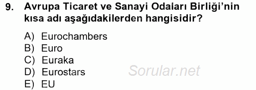 Dış Ticaretle İlgili Kurumlar ve Kuruluşlar 2013 - 2014 Tek Ders Sınavı 9.Soru