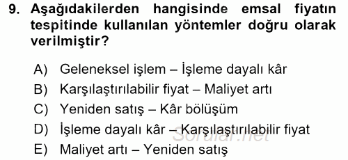 Maliyet Yönetimi 2017 - 2018 3 Ders Sınavı 9.Soru