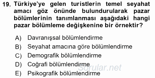 Destinasyon Yönetimi 2017 - 2018 Ara Sınavı 19.Soru