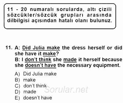 Bağlamsal Dilbilgisi 1 2012 - 2013 Dönem Sonu Sınavı 11.Soru