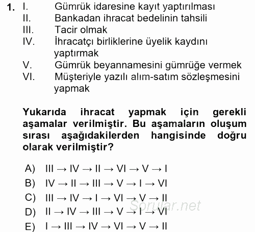 İthalat ve İhracat İşlemleri 2015 - 2016 Dönem Sonu Sınavı 1.Soru