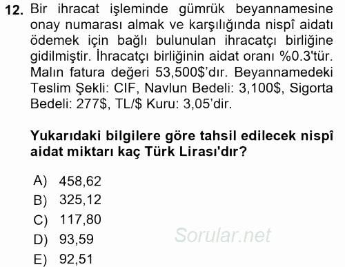 İthalat ve İhracat İşlemleri 2015 - 2016 Dönem Sonu Sınavı 12.Soru