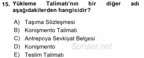 İthalat ve İhracat İşlemleri 2015 - 2016 Dönem Sonu Sınavı 15.Soru
