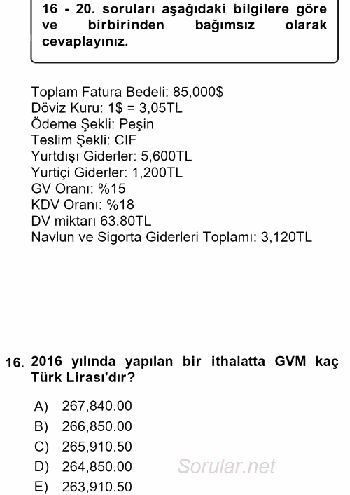 İthalat ve İhracat İşlemleri 2015 - 2016 Dönem Sonu Sınavı 16.Soru