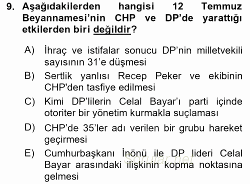 Türkiye´de Demokrasi Ve Parlemento Tarihi 2015 - 2016 Dönem Sonu Sınavı 9.Soru