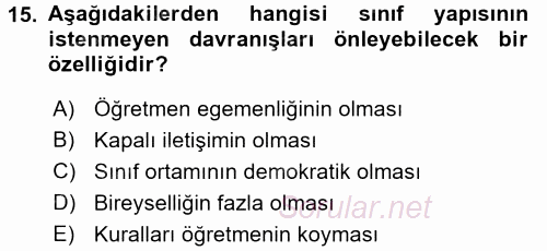 Sınıf Yönetimi 2017 - 2018 Dönem Sonu Sınavı 15.Soru
