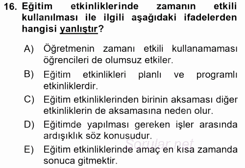 Sınıf Yönetimi 2017 - 2018 Dönem Sonu Sınavı 16.Soru