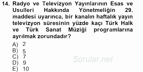 Radyo ve Televizyon Programcılığının Temel Kavramları 2012 - 2013 Ara Sınavı 14.Soru