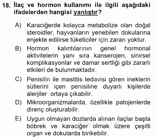 Gıda Mevzuatı ve Kalite Yönetimi 2017 - 2018 3 Ders Sınavı 18.Soru