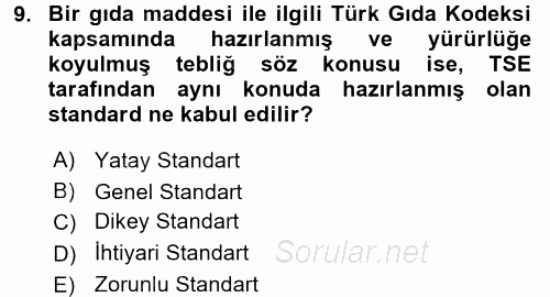 Gıda Mevzuatı ve Kalite Yönetimi 2017 - 2018 3 Ders Sınavı 9.Soru