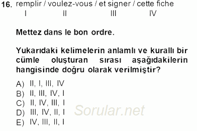Turizm İçin Fransızca 1 2014 - 2015 Ara Sınavı 16.Soru