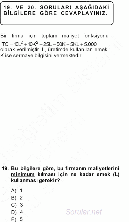 Matematiksel İktisat 2013 - 2014 Dönem Sonu Sınavı 19.Soru