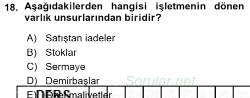 Envanter ve Bilanço 2015 - 2016 Ara Sınavı 18.Soru