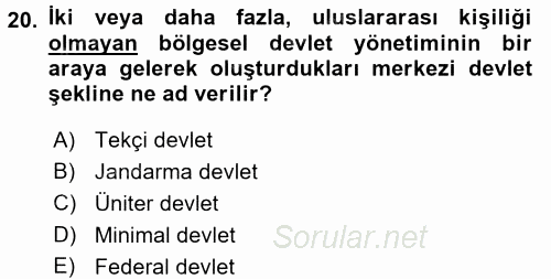 Yerel Yönetimler 2017 - 2018 3 Ders Sınavı 20.Soru