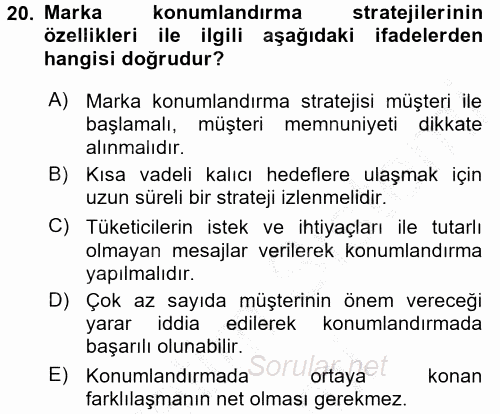 Marka İletişimi Tasarımı ve Uygulamaları 2016 - 2017 Ara Sınavı 20.Soru