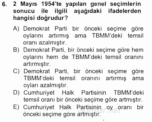 Türkiye Cumhuriyeti Siyasî Tarihi 2012 - 2013 Dönem Sonu Sınavı 6.Soru