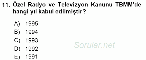 Türk Basın Tarihi 2015 - 2016 Tek Ders Sınavı 11.Soru