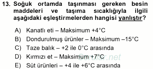 Besin Güvenliği ve Hijyen 2017 - 2018 Dönem Sonu Sınavı 13.Soru