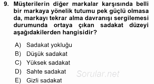 Konaklama Hizmetlerinde Kalite Yönetimi 2016 - 2017 Dönem Sonu Sınavı 9.Soru