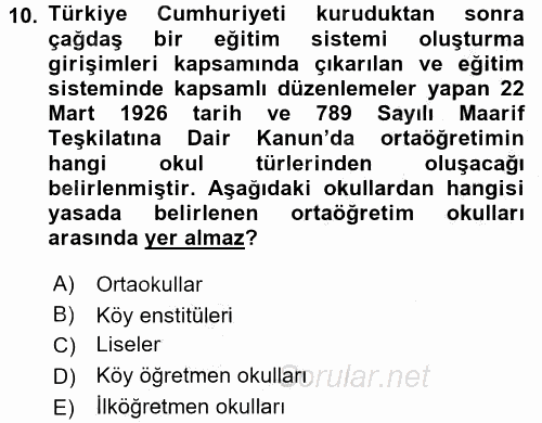 Türk Eğitim Tarihi 2016 - 2017 3 Ders Sınavı 10.Soru