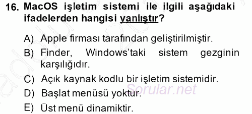 Temel Bilgi Teknolojileri 1 2013 - 2014 Ara Sınavı 16.Soru