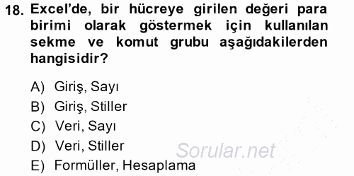 Temel Bilgi Teknolojileri 1 2013 - 2014 Ara Sınavı 18.Soru