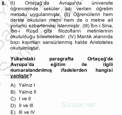 Eğitim Tarihi 2014 - 2015 Dönem Sonu Sınavı 5.Soru