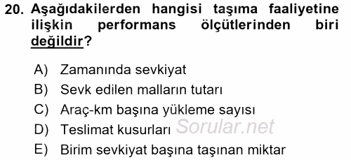 Lojistik Maliyetleri ve Raporlama 2 2016 - 2017 3 Ders Sınavı 20.Soru