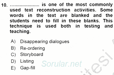 Okuma Ve Dinleme Öğretimi 2015 - 2016 Dönem Sonu Sınavı 10.Soru