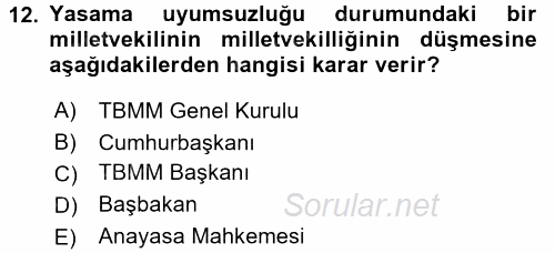 Anayasa Hukuku 2017 - 2018 3 Ders Sınavı 12.Soru