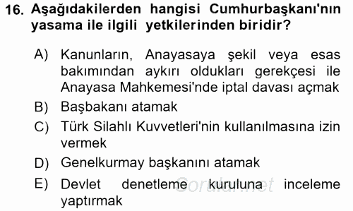 Anayasa Hukuku 2017 - 2018 3 Ders Sınavı 16.Soru