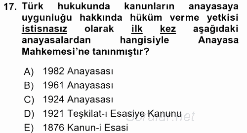 Anayasa Hukuku 2017 - 2018 3 Ders Sınavı 17.Soru