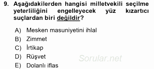 Anayasa Hukuku 2017 - 2018 3 Ders Sınavı 9.Soru