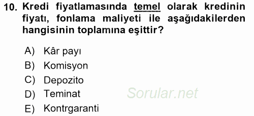 Bankalarda Kredi Yönetimi 2017 - 2018 3 Ders Sınavı 10.Soru