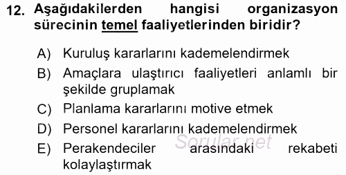 Perakende Yönetimi 2015 - 2016 Ara Sınavı 12.Soru