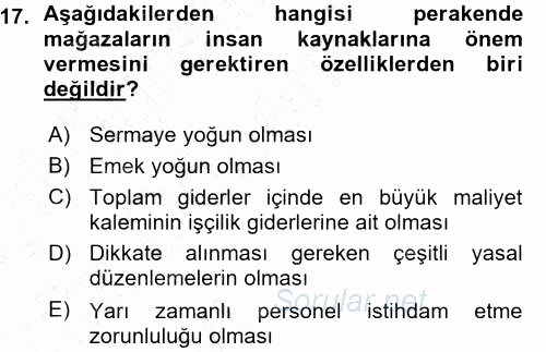 Perakende Yönetimi 2015 - 2016 Ara Sınavı 17.Soru
