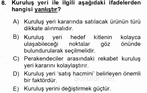 Perakende Yönetimi 2015 - 2016 Ara Sınavı 8.Soru