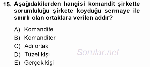 Şirketler Muhasebesi 2014 - 2015 Ara Sınavı 15.Soru