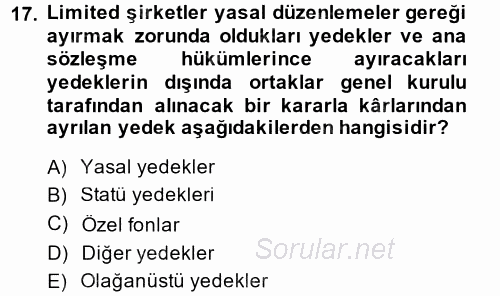 Şirketler Muhasebesi 2014 - 2015 Ara Sınavı 17.Soru