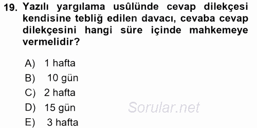 Medeni Usul Hukuku 2017 - 2018 Ara Sınavı 19.Soru