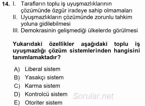 Çalışma İlişkileri 2015 - 2016 Tek Ders Sınavı 14.Soru