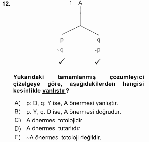 Sembolik Mantık 2015 - 2016 Tek Ders Sınavı 12.Soru