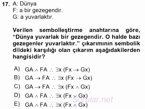 Sembolik Mantık 2015 - 2016 Tek Ders Sınavı 17.Soru