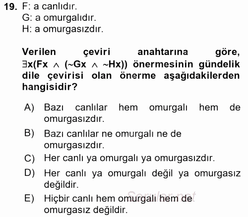 Sembolik Mantık 2015 - 2016 Tek Ders Sınavı 19.Soru