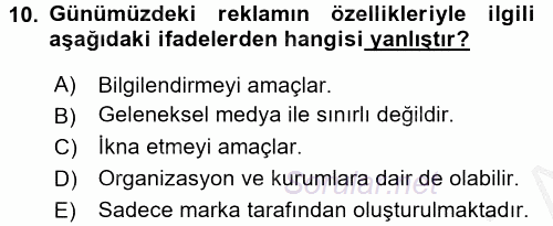 Pazarlama İletişimi 2016 - 2017 Ara Sınavı 10.Soru