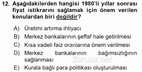 Ekonominin Güncel Sorunları 2016 - 2017 Dönem Sonu Sınavı 12.Soru