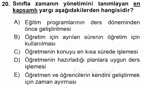 Sınıf Yönetimi 2016 - 2017 Dönem Sonu Sınavı 20.Soru