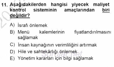 Yiyecek ve İçecek Yönetimi 2012 - 2013 Dönem Sonu Sınavı 11.Soru
