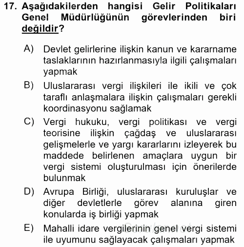 Genel Vergi Hukuku 2017 - 2018 Dönem Sonu Sınavı 17.Soru